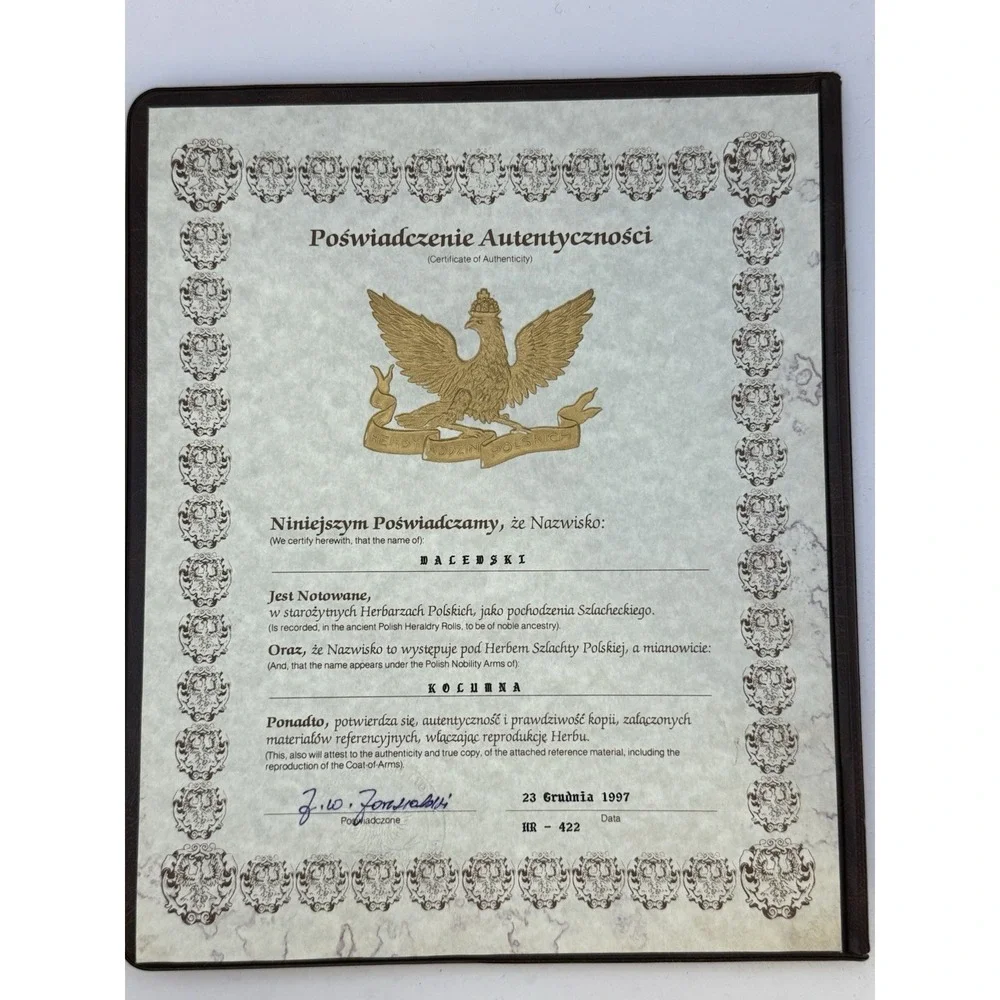 Heraldic Ancestry Waleski‎ Walewski Polish Coat of Arms Certificate 1997